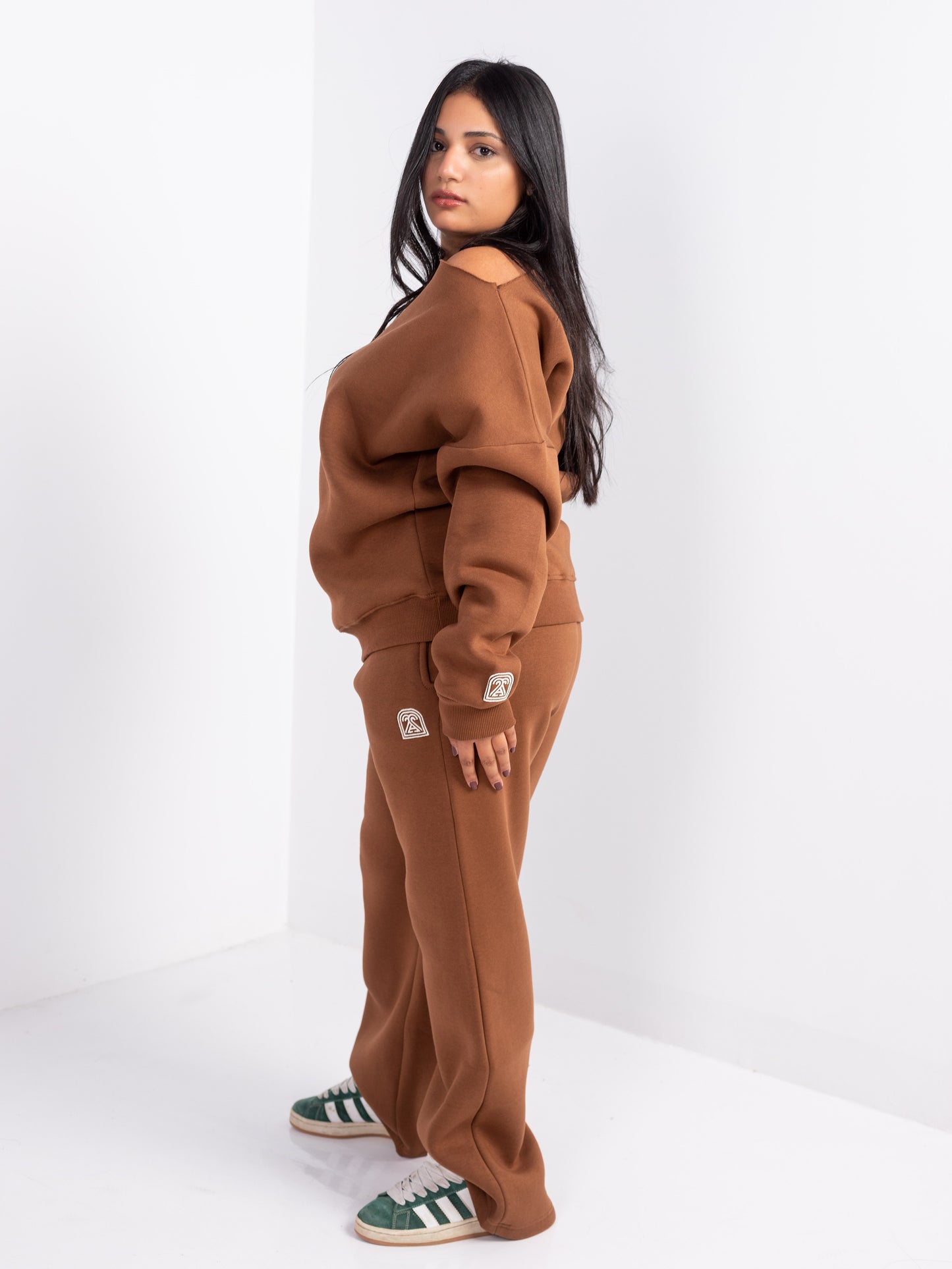 Brown Off-Shoulder and Sweatpants