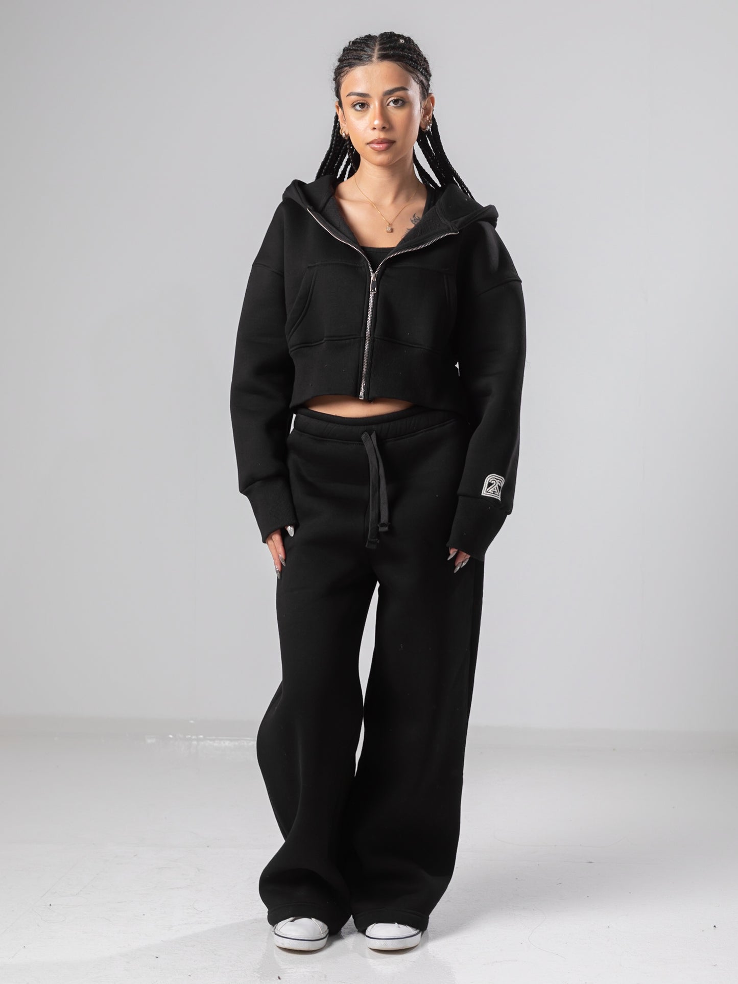 Black Cropped Jacket and Sweatpants Sets