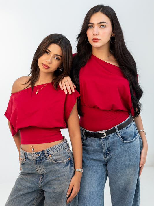 BURGUNDY OFF-SHOULDER TEE