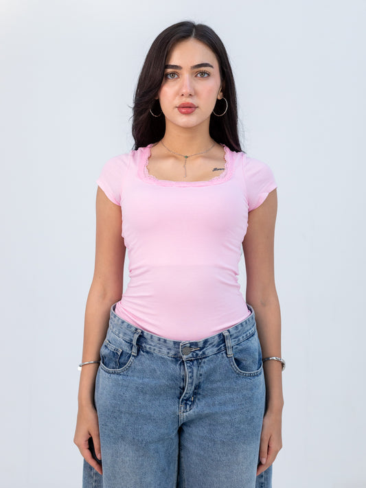 PINK SQUARE LACE TOP