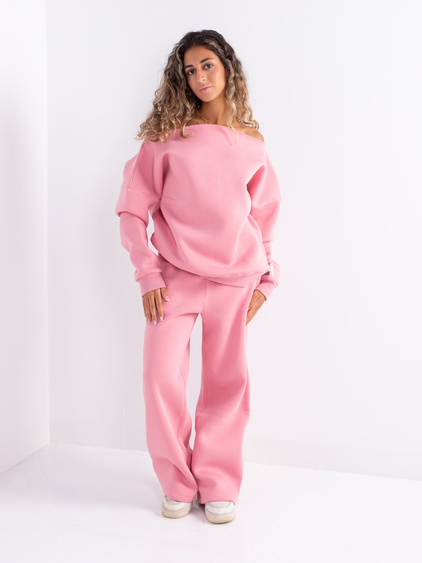 Pink Off-Shoulder and Sweatpants