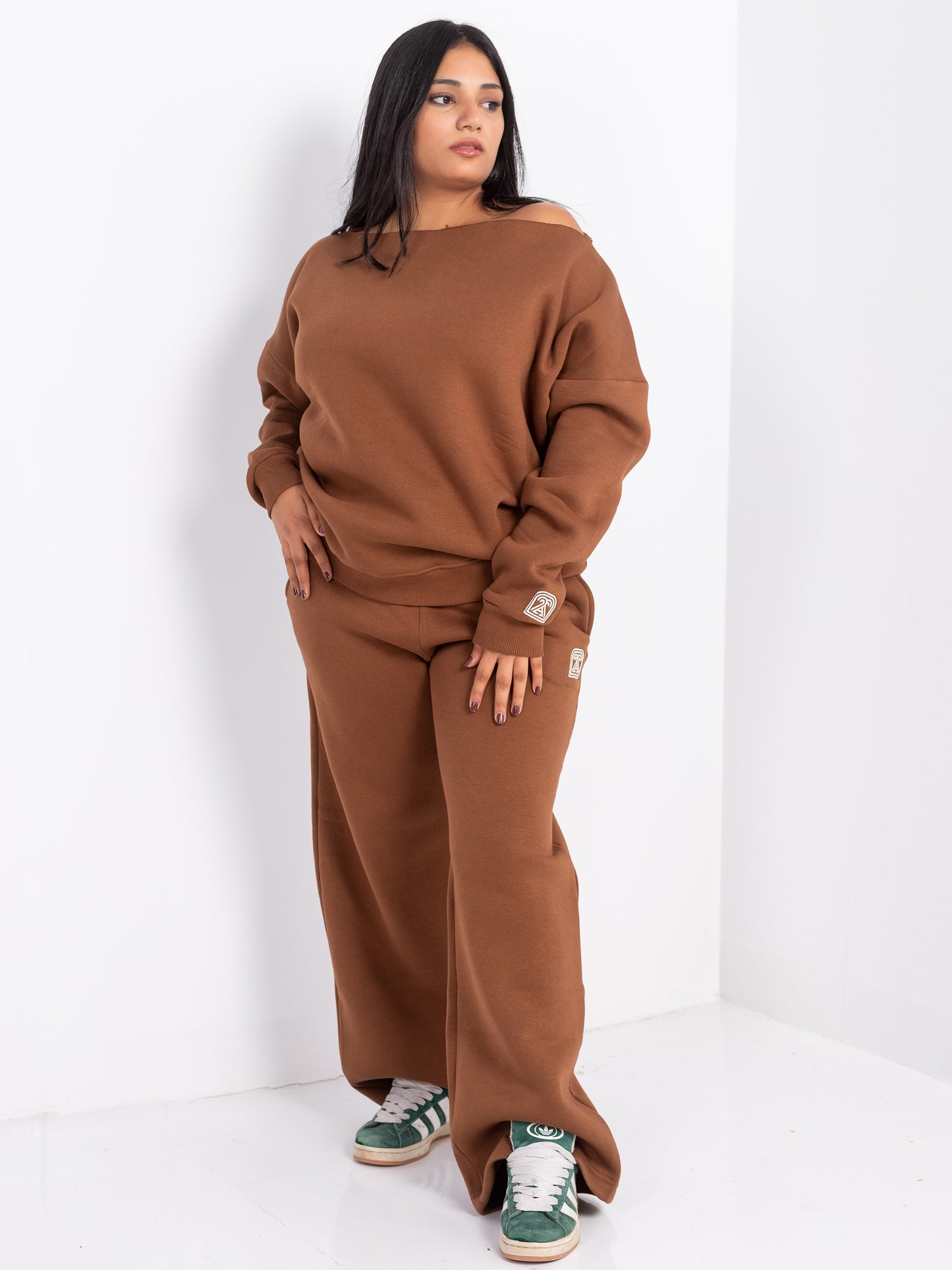 Brown Off-Shoulder and Sweatpants