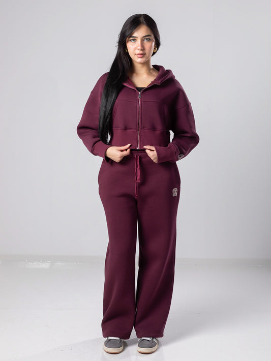 Burgundy Cropped Jacket and Sweatpants Sets