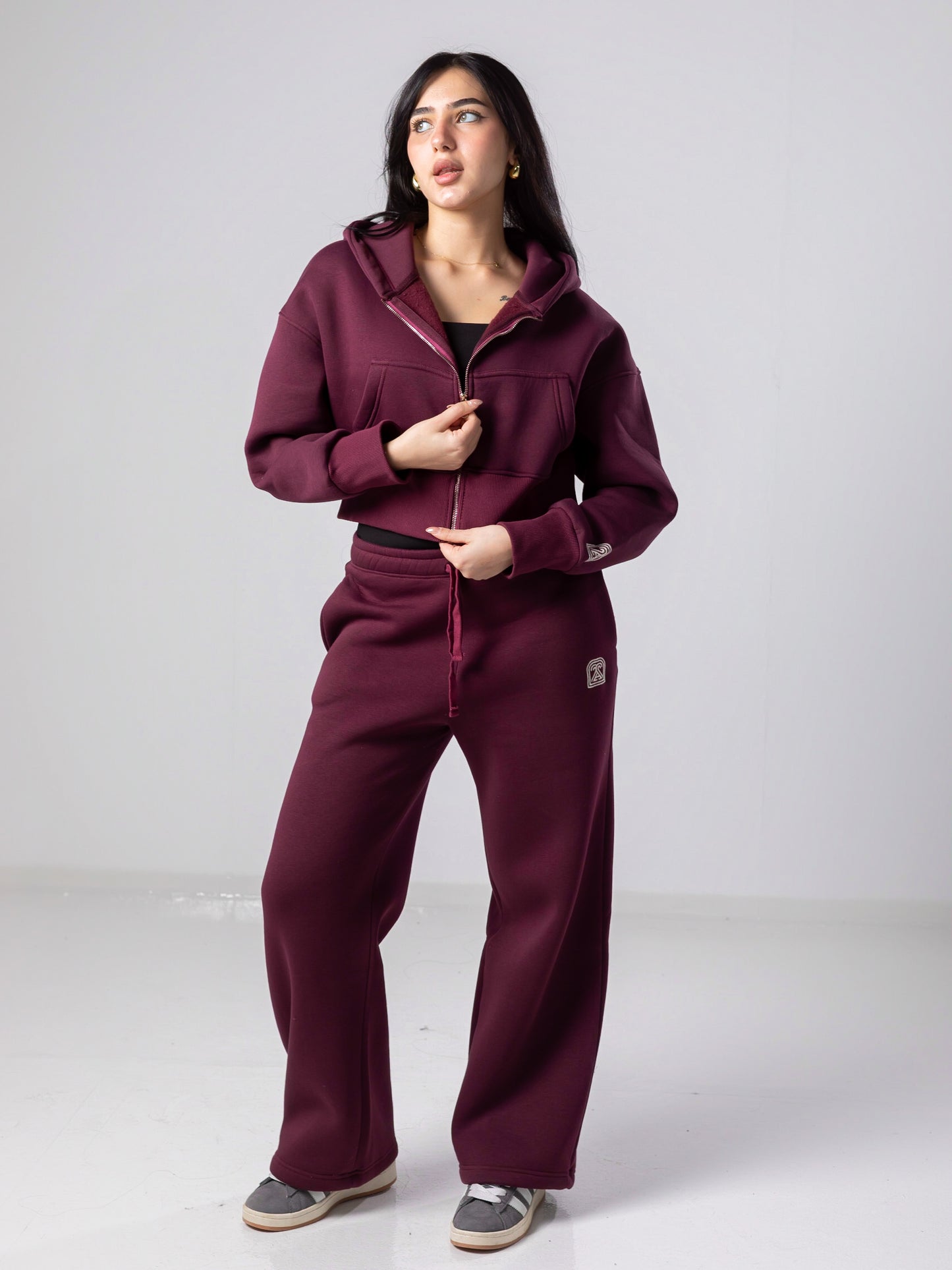 Burgundy Cropped Jacket and Sweatpants Sets