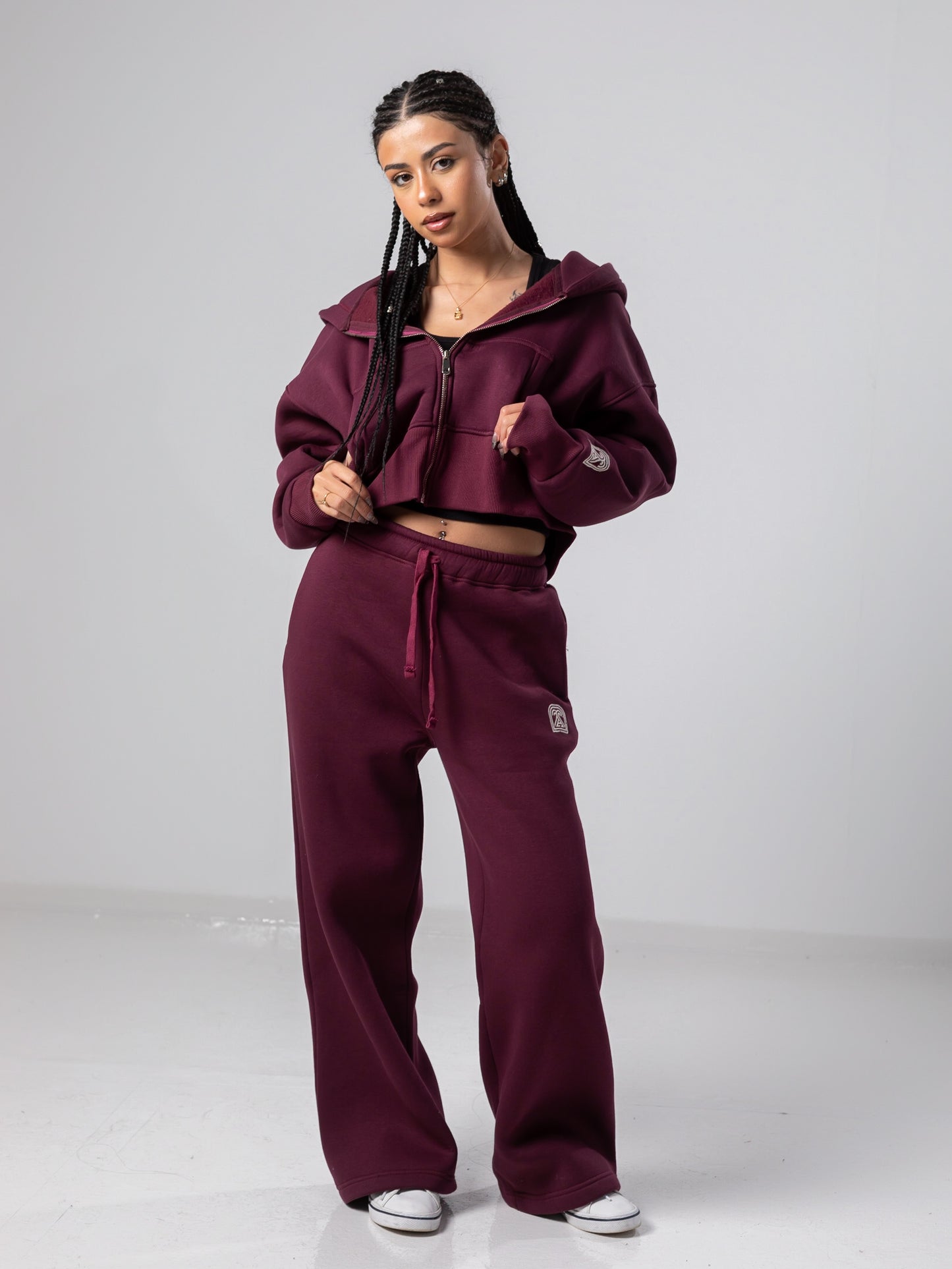 Burgundy Cropped Jacket and Sweatpants Sets