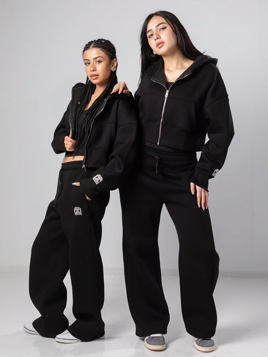Black Cropped Jacket and Sweatpants Sets