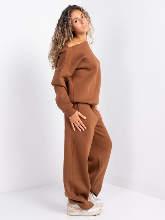 Brown Off-Shoulder and Sweatpants