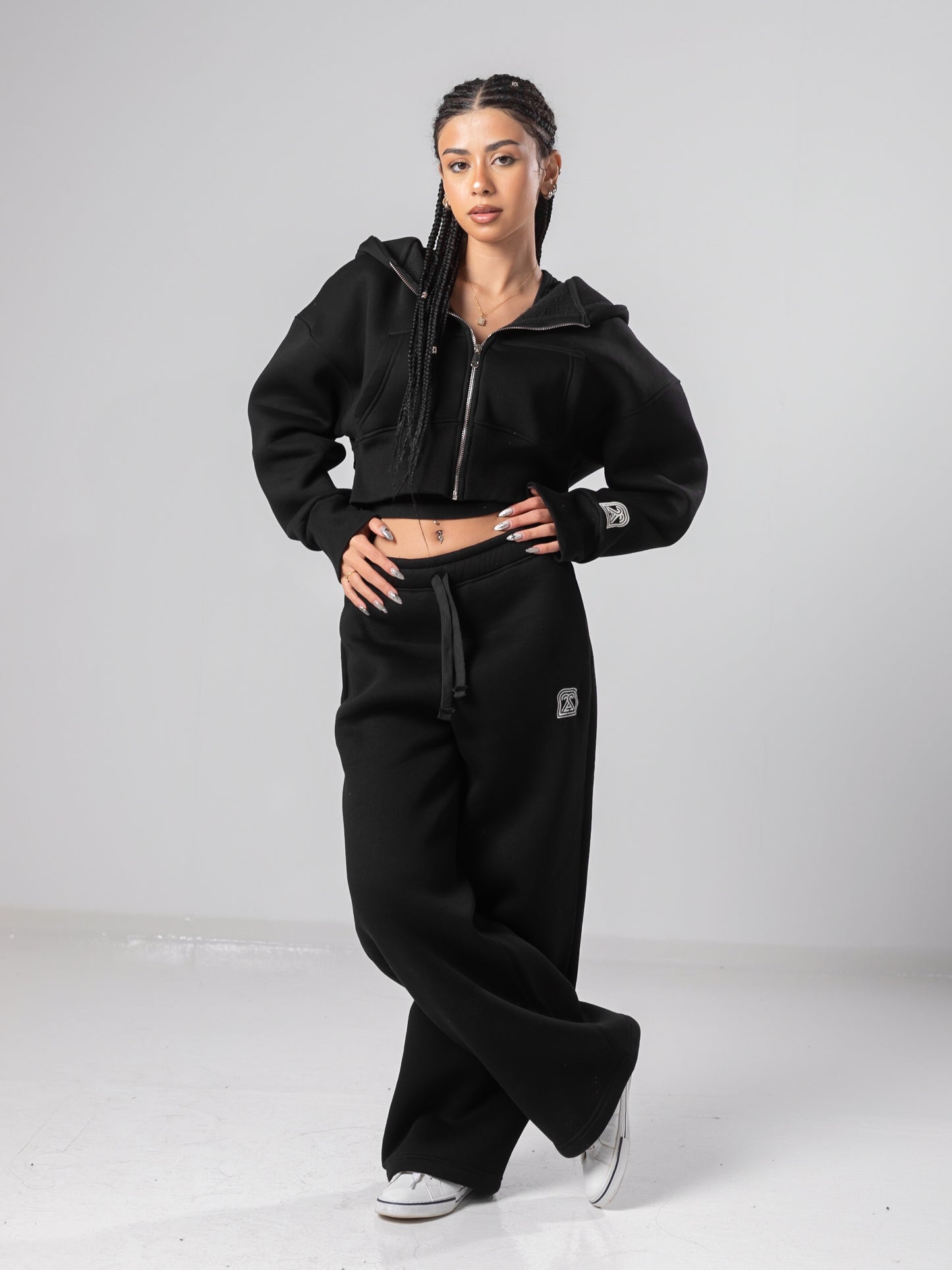 Black Cropped Jacket and Sweatpants Sets