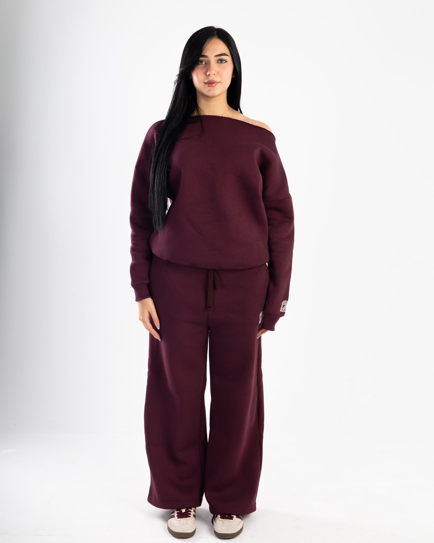 Burgundy Off-Shoulder and Sweatpants